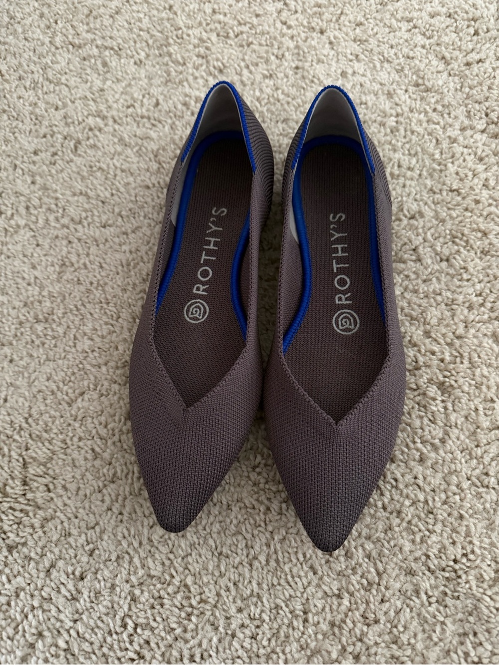 Rothy's Pointed Knit Flats in Brown with Blue Trim